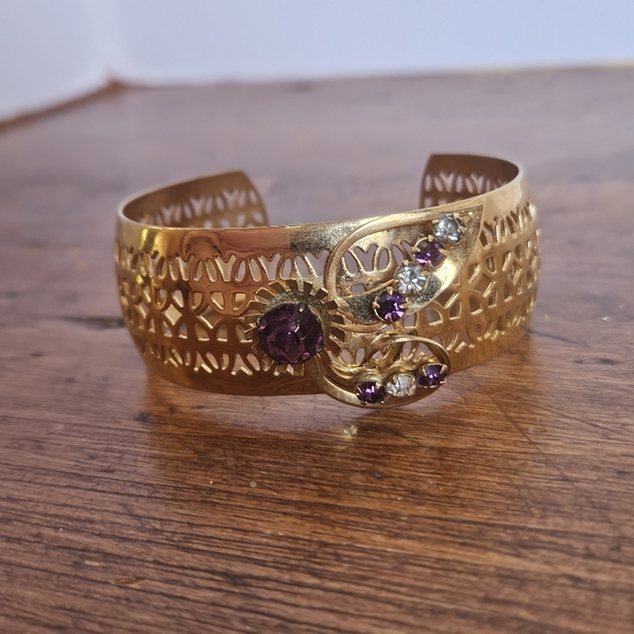 Elegant Gold-tone and Purple Rhinestone Cuff Bracelet - Picture 5 of 8